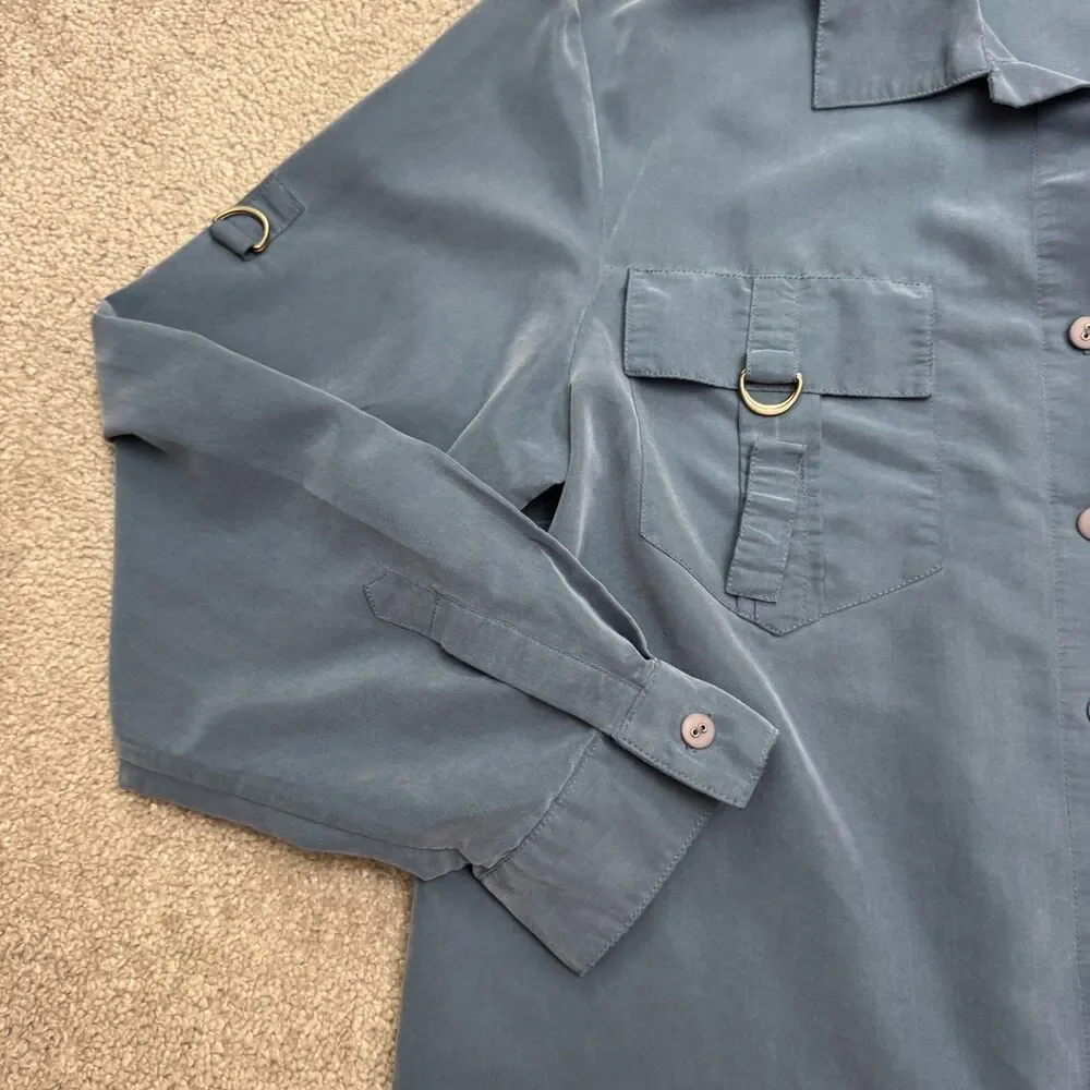 Vintage Rafaella Utility Safari Button Down Shirt Womens Medium Blue Rayon Top